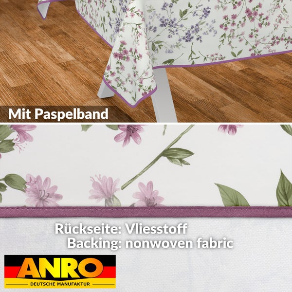 Tischdecke mit Blumenmuster und Paspelband sowie Vliesstoff auf der Rückseite