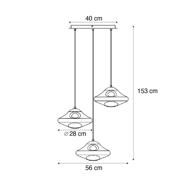 Technische Zeichnung einer Pendelleuchte mit den Maßen 40 cm, 153 cm, 28 cm und 56 cm.