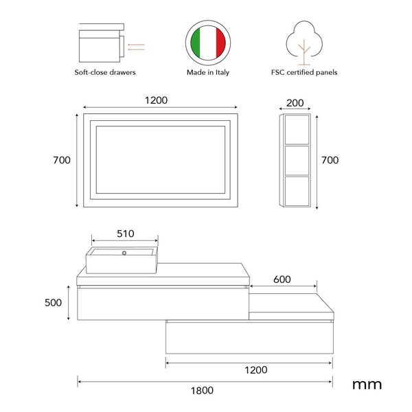 Technische Zeichnung eines Badezimmermöbel Sets mit Soft-Close-Schubladen, Hergestellt in Italien und FSC-zertifizierten Holzwerkstoffen.