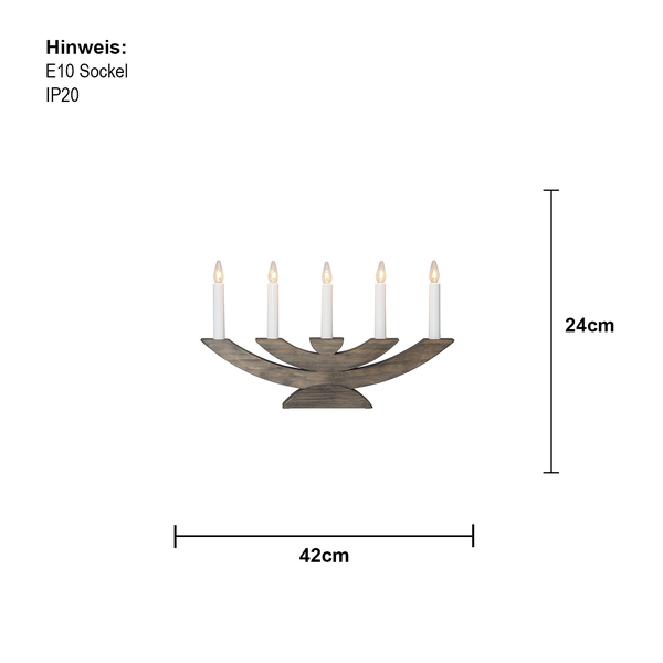 Dekorative Lichterkette mit fünf Kerzen, E10 Fassung, IP20, Maße 42 mal 24 Zentimeter