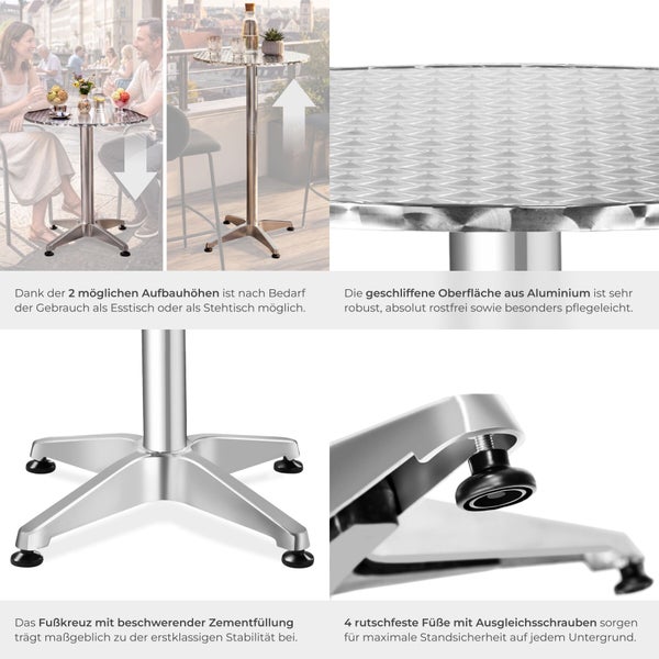 Ein höhenverstellbarer Bistrotisch aus Aluminium mit strukturierter Tischplatte, schwerem Fußkreuz und verstellbaren Standfüßen.