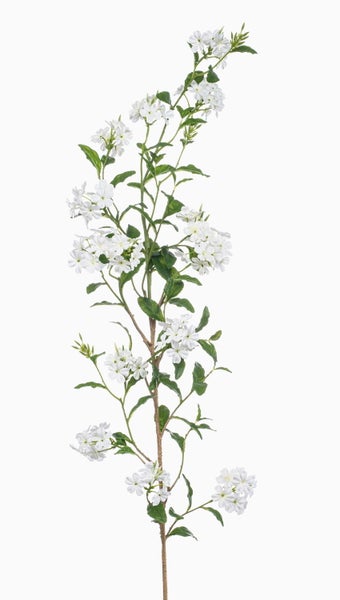 Künstlicher Phlox-Zweig mit weißen Blüten und grünen Blättern.