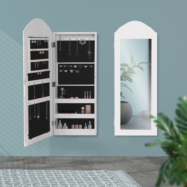 ML-Design Schmuckschrank Weiß, hängend, Wandschrank mit Spiegel und zahlreichen Fächern, 35x95x9 cm, Wandmontage, für Ketten, Ohrringe, Ringe, Spiegelschrank aus MDF Holz, Standschrank Wandspiegel