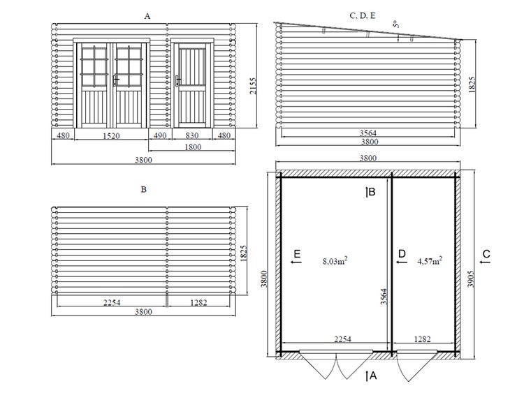 Maßzeichnung eines Gartenhauses aus Holz mit Vorderansicht, Seitenansicht, Rückansicht und Grundriss inklusive Abmessungen in Millimetern.