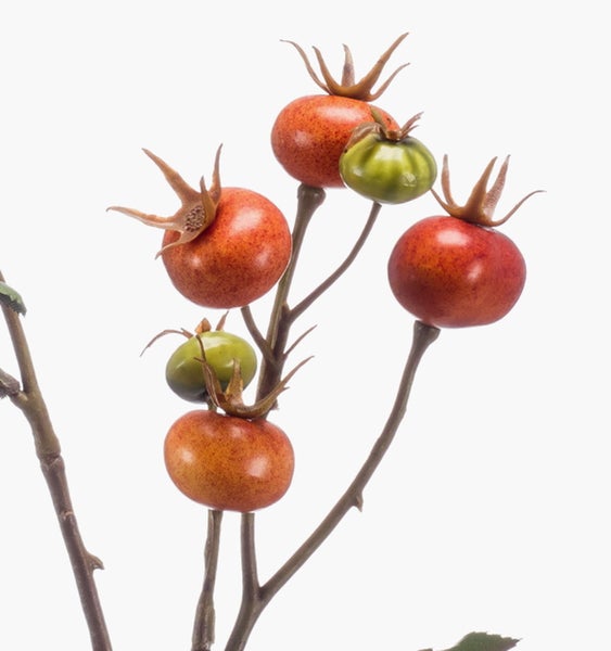 Künstliche Hortensie mit rosa-violetten Blüten, grünen Blättern und Stiel.
