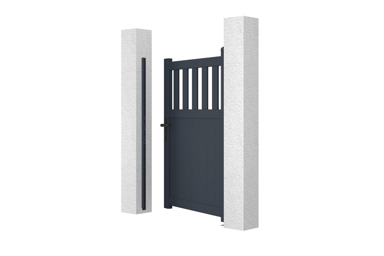 Einflügeliges Gartentor aus Aluminium in Anthrazit mit Pfosten in Steinoptik.