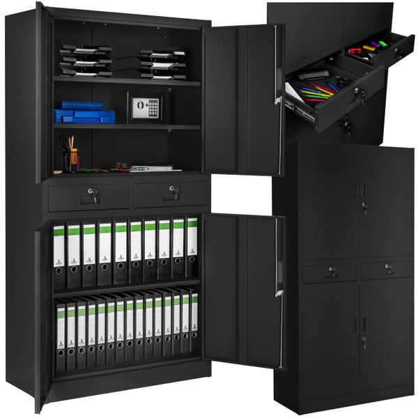 Aktenschrank tectake  180 x 80 x 40 cm aus pulverbeschichtetem Stahl schwarz/schwarz