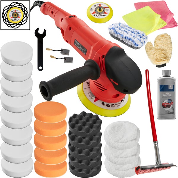 29-teiliges Exzenter Poliermaschinen-Set tectake  inklusive Lackpolitur, 2 Mikrofasertüchern, Wischer, Schwamm, Handschuh und 2 Ersatzkohlen 710 W schwarz/rot