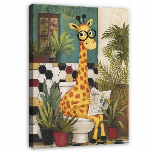 Wandbild mit einer Giraffe mit Brille, die auf der Toilette Zeitung liest, umgeben von Zimmerpflanzen, auf Leinwand gedruckt.