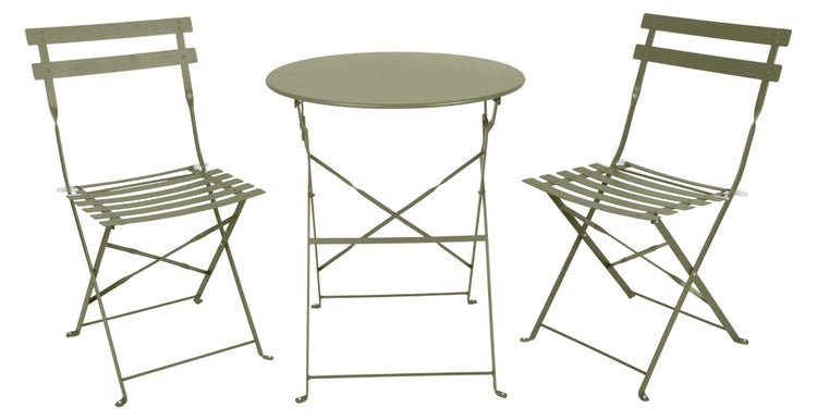 Dreiteiliges Bistro-Set aus Metall, bestehend aus einem runden Klapptisch und zwei Klappstühlen.