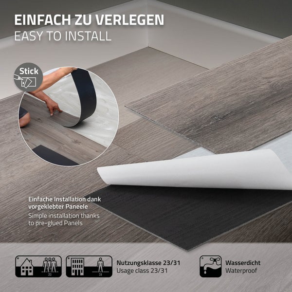 ML-Design Deluxe PVC Bodenbelag, Selbstklebende Vinyl-Dielen, Vinylboden, 91,5 cm x 15,3 cm x 2 mm, Dicke 2 mm, 4,46m²/32 Dielen, Kiefer, Grau, Holzoptik, rutschfest, wasserfest, Einfache Verlegung