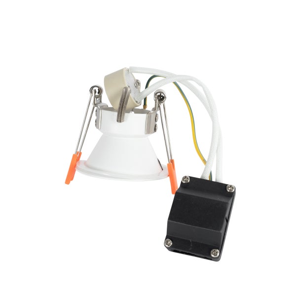 LED Einbaustrahler in Weiß mit Montagefedern und schwarzem Transformator.