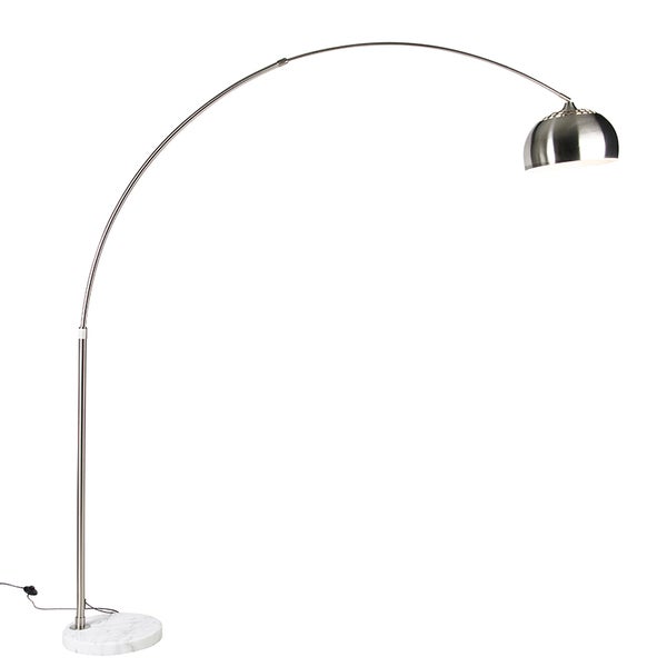 QAZQA - Modern Bogenlampe Stahl I Silber I nickel matt mit weißem Marmorsockel verstellbar - XXL I Wohnzimmer I Schlafzimmer - Stahl Länglich - LED geeignet E27