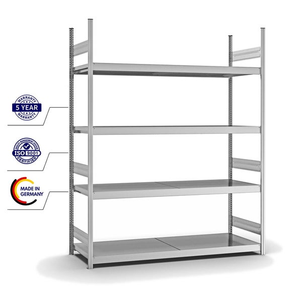 PROREGAL Weitspannregal Stecksystem T-Profil Grundregal HxBxT 250x200x60 cm 4 Ebenen Stahlplatten Fachboden Fachlast 350 kg Verzinkt