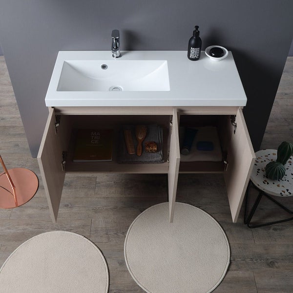 Waschtisch mit offenem Unterschrank und darauf platziertem Waschbecken