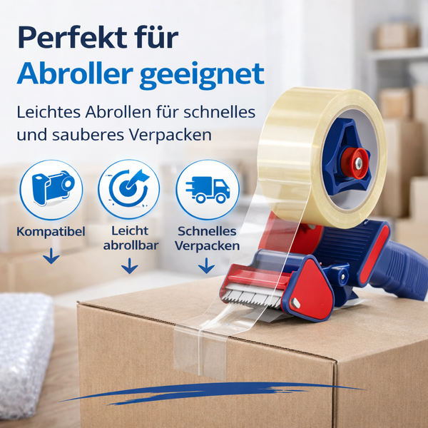 Handabroller mit Packband auf einem Karton. Symbole für Kompatibilität, leichtes Abrollen und schnelles Verpacken.