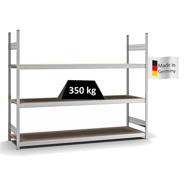 PROREGAL Weitspannregal Stecksystem T-Profil Grundregal HxBxT 200x250x60 cm 3 Ebenen Spanplatten Fachboden Fachlast 350 kg Verzinkt