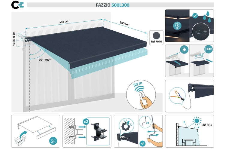 Fazzio Gelenkarmmarkise 500L300 mit den Maßen 495 mal 300 Zentimeter, Neigungswinkel zwischen 30 und 100 Grad, inklusive Steuerung per Fernbedienung, UV-Schutz 50+