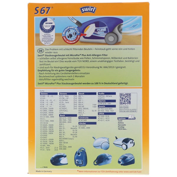 Swirl Staubsaugerbeutel S67 MicroPor Plus für Siemens und Bosch Staubsauger