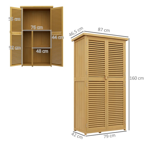 Hoher Gartenschrank aus Holz mit vier Lamellentüren für den Außenbereich.
