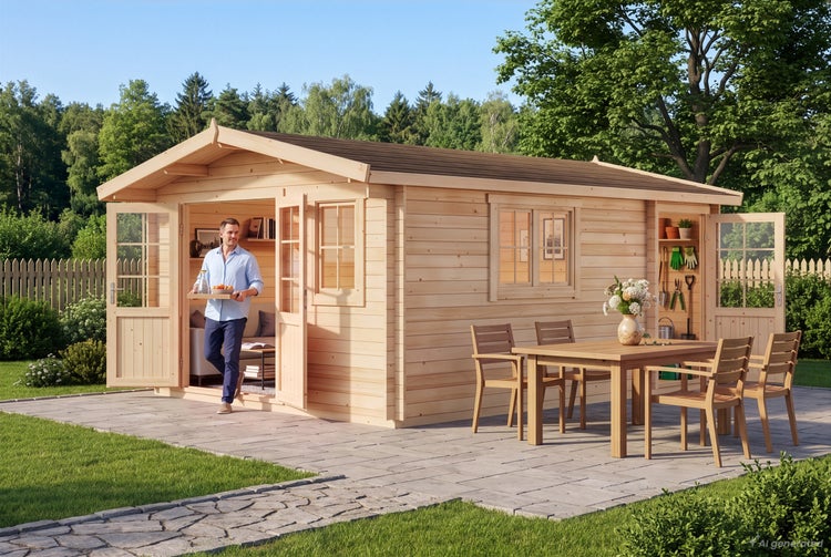 Gartenhaus aus Holz mit Doppeltüren und Fenstern, davor ein Esstisch mit Stühlen auf einer Terrasse in einem gepflegten Garten.