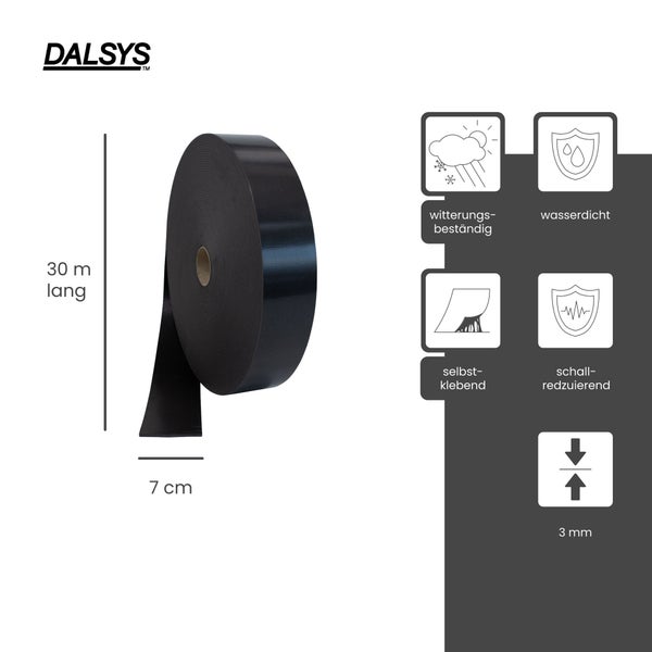 DALSYS Logo. Schwarzes selbstklebendes Band, 30 Meter lang, 7 Zentimeter breit, 3 Millimeter dick. Witterungsbeständig, wasserdicht, schallreduzierend.