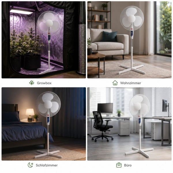 Weißer Standventilator in vier verschiedenen Umgebungen: Growbox, Wohnzimmer, Schlafzimmer und Büro.