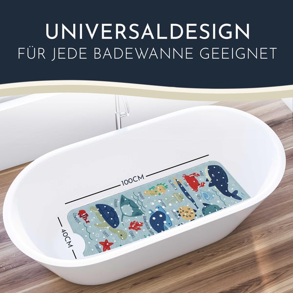 Badewannenmatte mit Tiermotiven in einer weißen Badewanne, Maße 100 mal 40 Zentimeter
