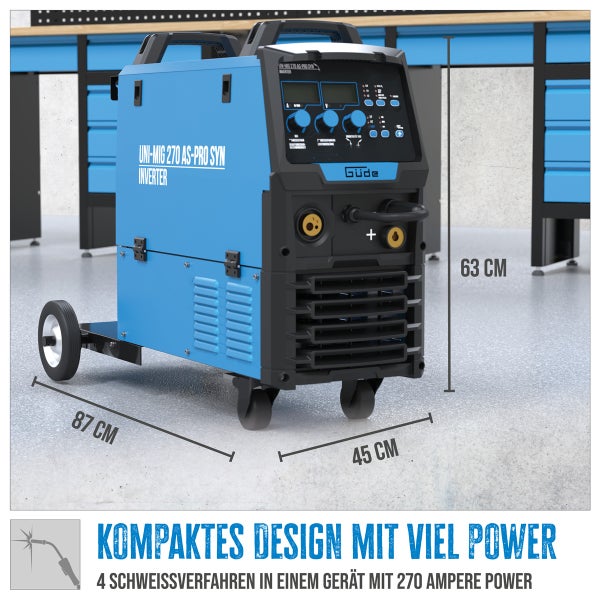 Güde Uni-MIG 270 AS-PRO SYN Inverter Schweißgerät mit den Maßen 63 x 87 x 45 cm