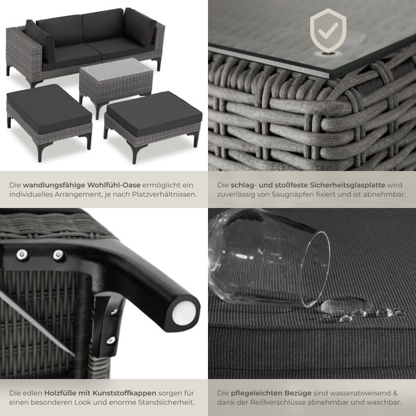 Rattan Lounge tectake Bellaria mit Sicherheitsglasplatte mit Aluminiumgestell grau