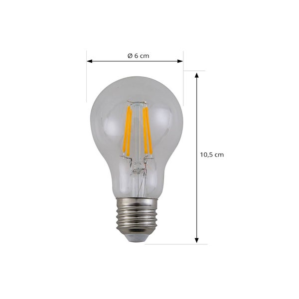 LED Filament Leuchtmittel in Standardform aus klarem Glas mit E27 Sockel, Durchmesser 6 Zentimeter und Höhe 10,5 Zentimeter.