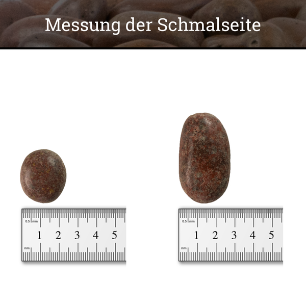 Messung der Schmalseite eines Steins mit einem Lineal zur Bestimmung der Größe.