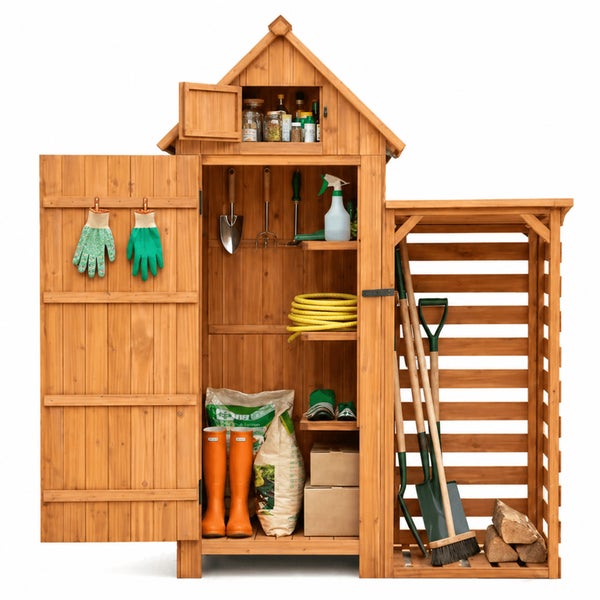 Gartenschrank aus Holz mit Satteldach, integriertem Kaminholzregal, Fachböden und Halterungen für Gartengeräte, Gummistiefel und Zubehör.