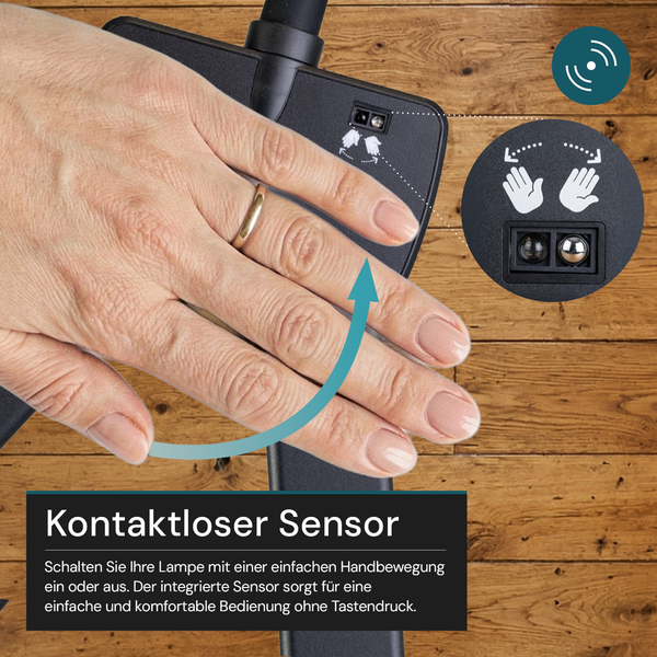 Kontaktloser Sensor an einer Lampe, der Steuerung durch einfache Handbewegungen ohne Berührung ermöglicht.