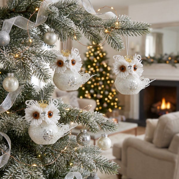 Drei Eulen Weihnachtskugeln als Christbaumschmuck in einem verschneiten Weihnachtsbaum mit Lichterkette und Kamin im Hintergrund.