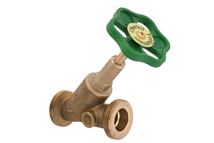 Schrägsitzventil aus Messing mit grünem Handrad