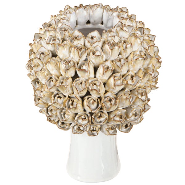 Keramikvase mit kugelförmigem Aufsatz aus zahlreichen glasierten Rosenblüten.