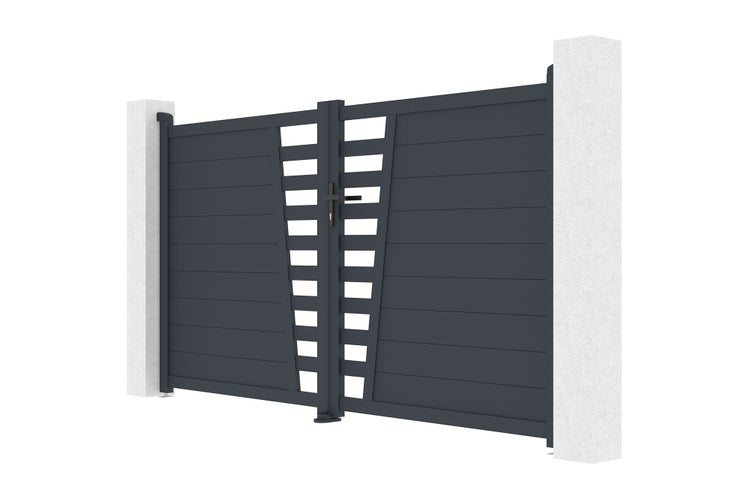 Zweiflügeliges Einfahrtstor aus Aluminium in Anthrazit mit horizontalen Lamellen und dekorativem Ausschnitt.
