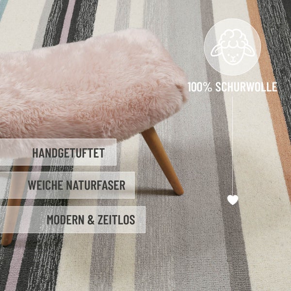 Handgetufteter Hocker aus 100 Prozent Schurwolle mit weicher Naturfaser auf einem gestreiften Teppich, modernes und zeitloses Design.