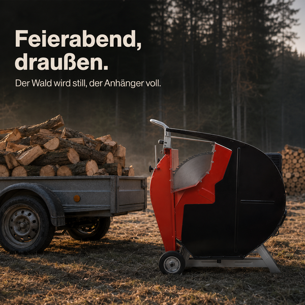 Wippsäge für Brennholz neben einem mit Holzscheiten beladenen Anhänger in einem Wald bei dämmerigem Licht.
