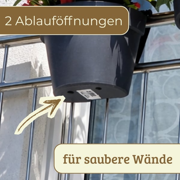 Detailansicht eines Blumentopfs mit zwei Ablauföffnungen am Boden für saubere Wände.