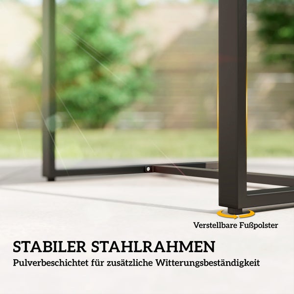 Stabiler, pulverbeschichteter Stahlrahmen für den Außenbereich mit verstellbaren Fußpolstern für zusätzliche Standfestigkeit.