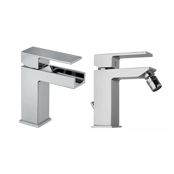 Zwei moderne Badezimmer-Armaturen aus Chrom: ein Einhebelmischer mit Wasserfallauslauf und ein Bidet-Einhebelmischer mit verstellbarer Düse.
