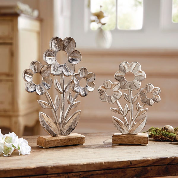 FRANK FLECHTWAREN | Blume Silber, 2er Set, ALUMINIUM, HOLZ, 12,5 x 3,5  x 16,5 cm, 17 x 3,5 x 22 cm