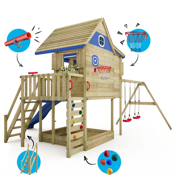 WICKEY Stelzenhaus Smart GreenHouse mit Schaukel und Rutsche,integriertem Sandkasten und großem Spielhaus mit massiver Treppe mit Handlauf, Fenstern, Rollos und Blumenkasten -  blau