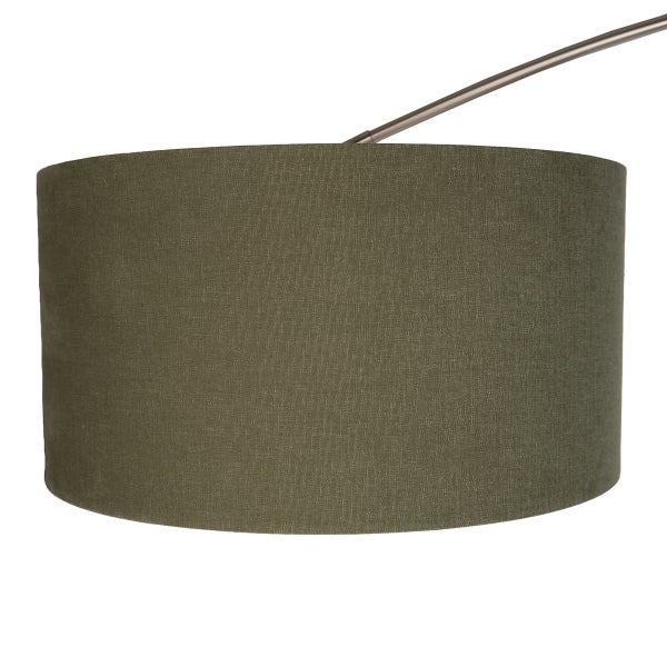 Runder Lampenschirm aus Stoff in Textiloptik für eine Bogenlampe mit Metallarm