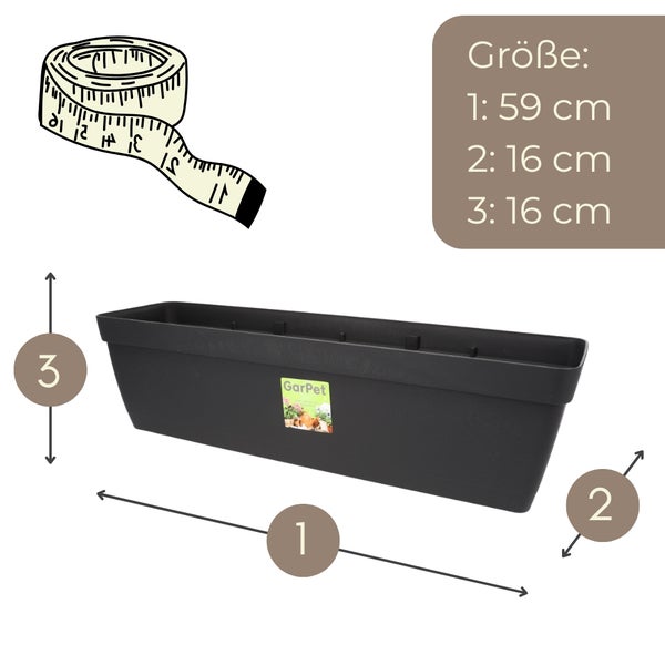 Abbildung eines schwarzen Blumenkastens mit den Maßen Länge 59 cm, Breite 16 cm und Höhe 16 cm.
