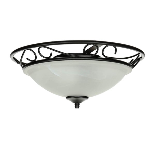 Deckenleuchte mit geschwungenem, dunklem Metallrahmen und Milchglasschirm.