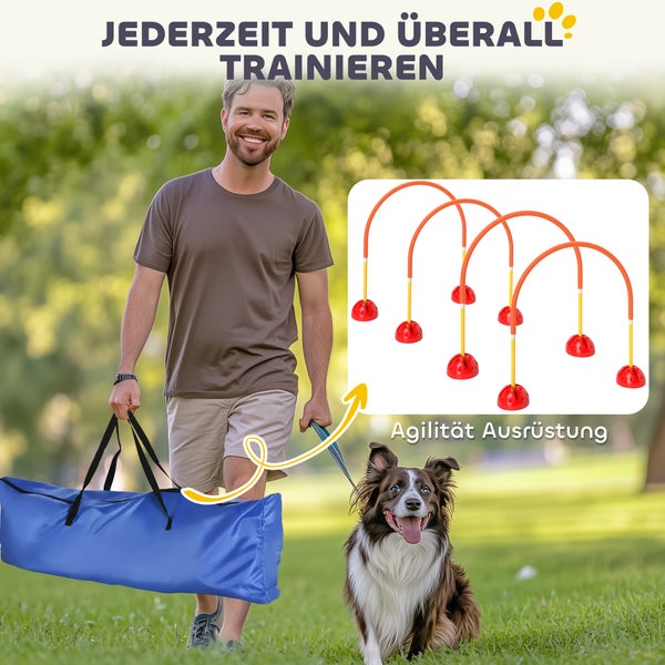 Agility-Set für Hunde mit fünf Bögen und einer blauen Tragetasche, präsentiert von einem Mann mit Hund im Freien.