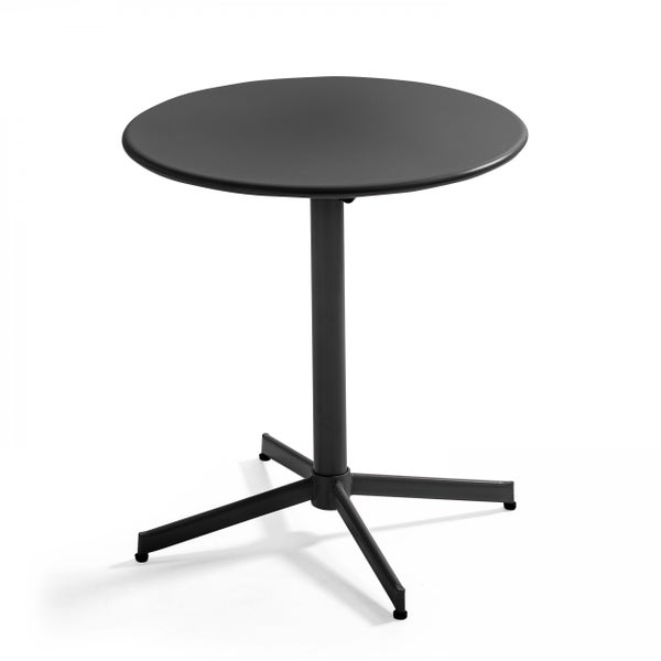 Runder Bistro-Tisch aus schwarzem Metall mit Mittelsäule und vierbeinigem Kreuzfuß.